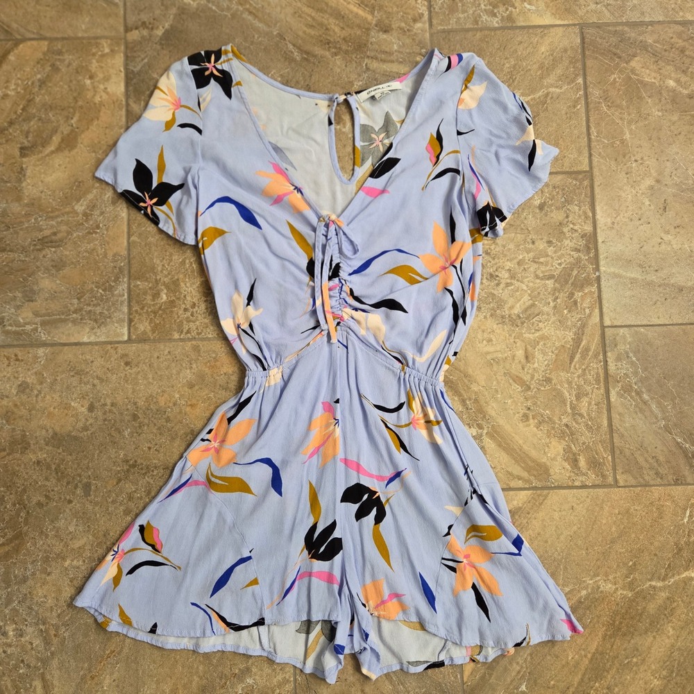 O'Neill Womens Romper XS Blue Floral Print Short Sleeve Keyhole Tie Front Beachy
